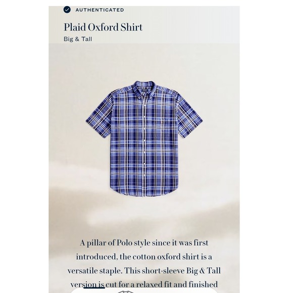 POLO RALPH LAUREN MENS SHORT SLEEVE BLUE PLAID OXFORD SHIRT SIZE 2XB - Picture 6 of 6